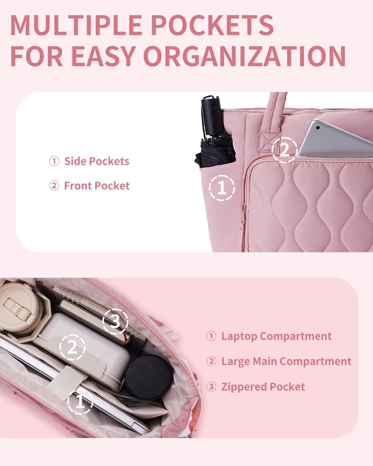 Ceneda Tote Bag for Women With 40oz Cup Holder, Puffer Work Laptop Tote Bag With Zipper for Travel, Teacher, Nurse