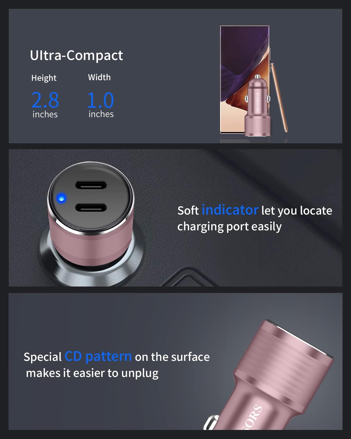 Dual 45W USB C Car Charger, 90W Max Super Fast Charging, All Metal 12V Cigarette Lighter Adapter for iPhone 17 Pro Max/16/15/iPad, Samsung Galaxy S25/S24, Google Phones with 2 Type C Cable 3.3ft Pink