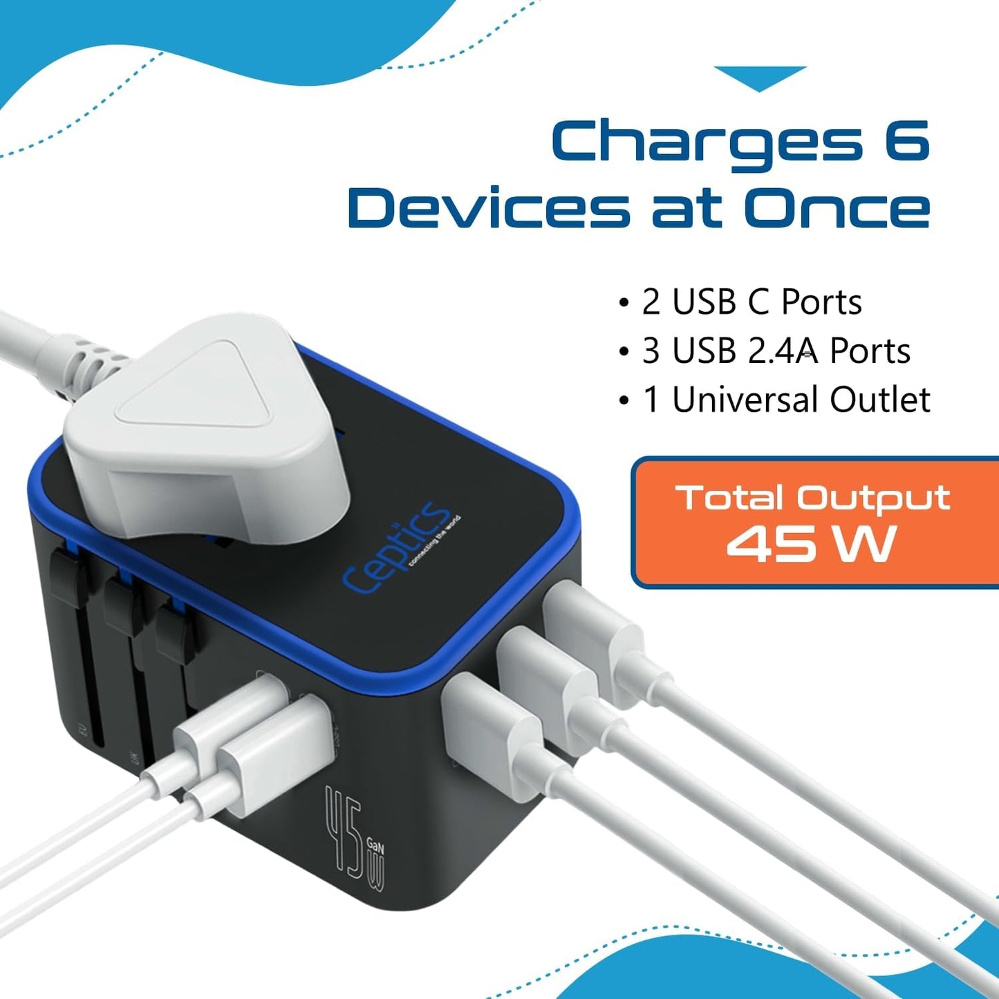 Ceptics Universal Travel Adapter, 45W International Power Adapter with PD & QC 3.0 Dual USB-C, 3 USB Travel Adapter Worldwide, Type I C G A Outlets 110V 220V A/C - EU Euro US UK (11-KU)