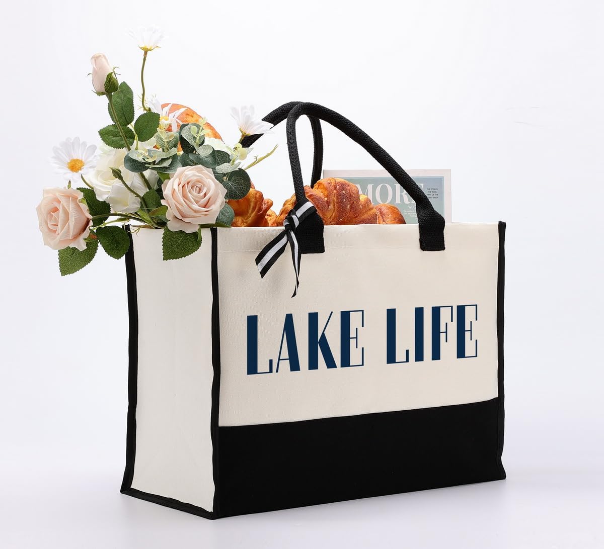EDCTO Canvas Tote Bag, Cotton Canvas Tote Bag, Lake Trip Bag, Birthday Gifts for Women Friend Her, Canvas Tote Bags for Lake Life Lover, Canvas Beach Tote for Boating Weekend Holiday Overnight Travel