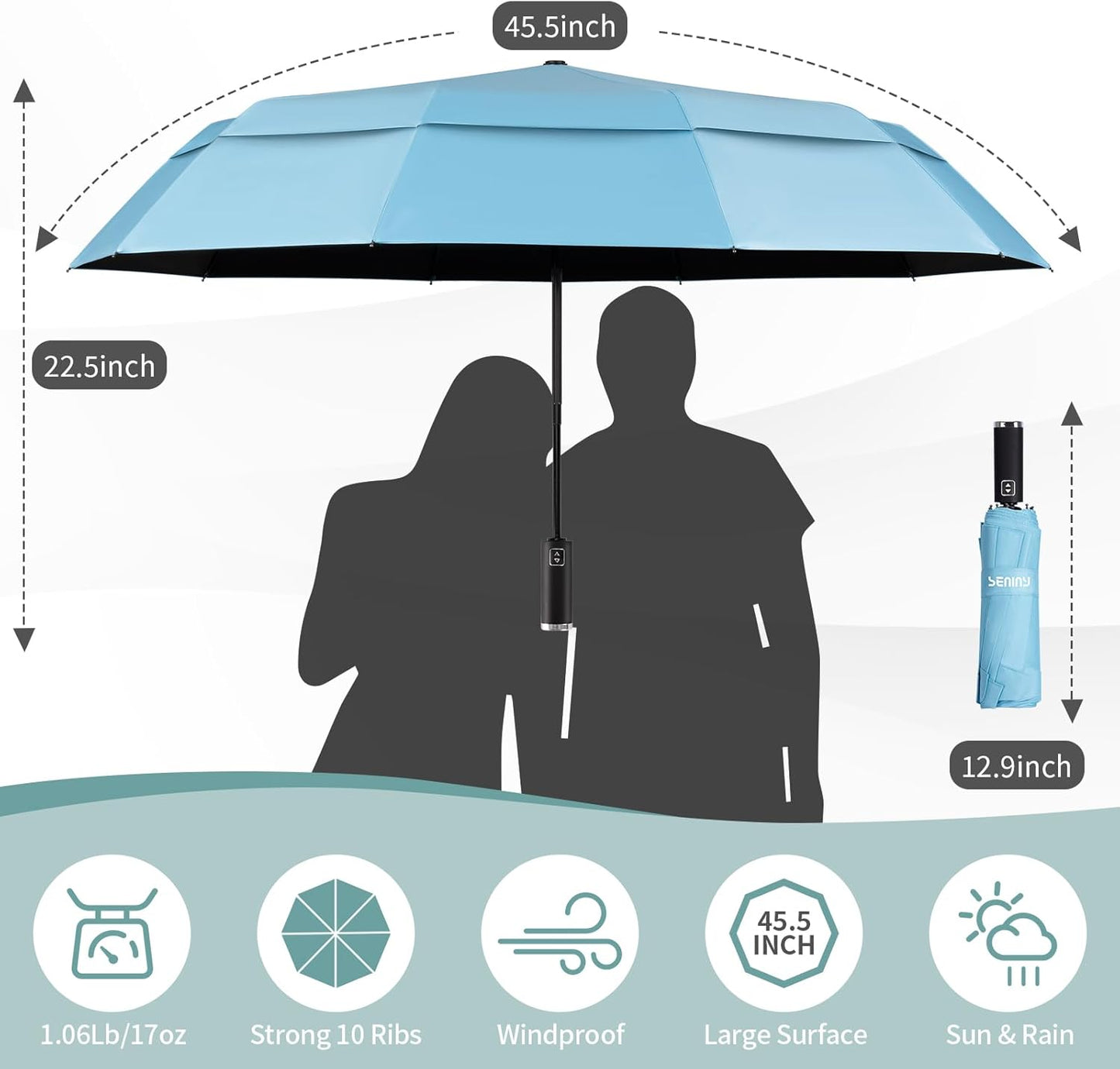 Seniny Travel Umbrella with Carabiner Handle, Windproof Large Umbrellas for Rain with Dual-Rib Structure, Portable Compact Umbrella with Reflective Strip, Car Backpack UV Umbrellas for Sun Protection