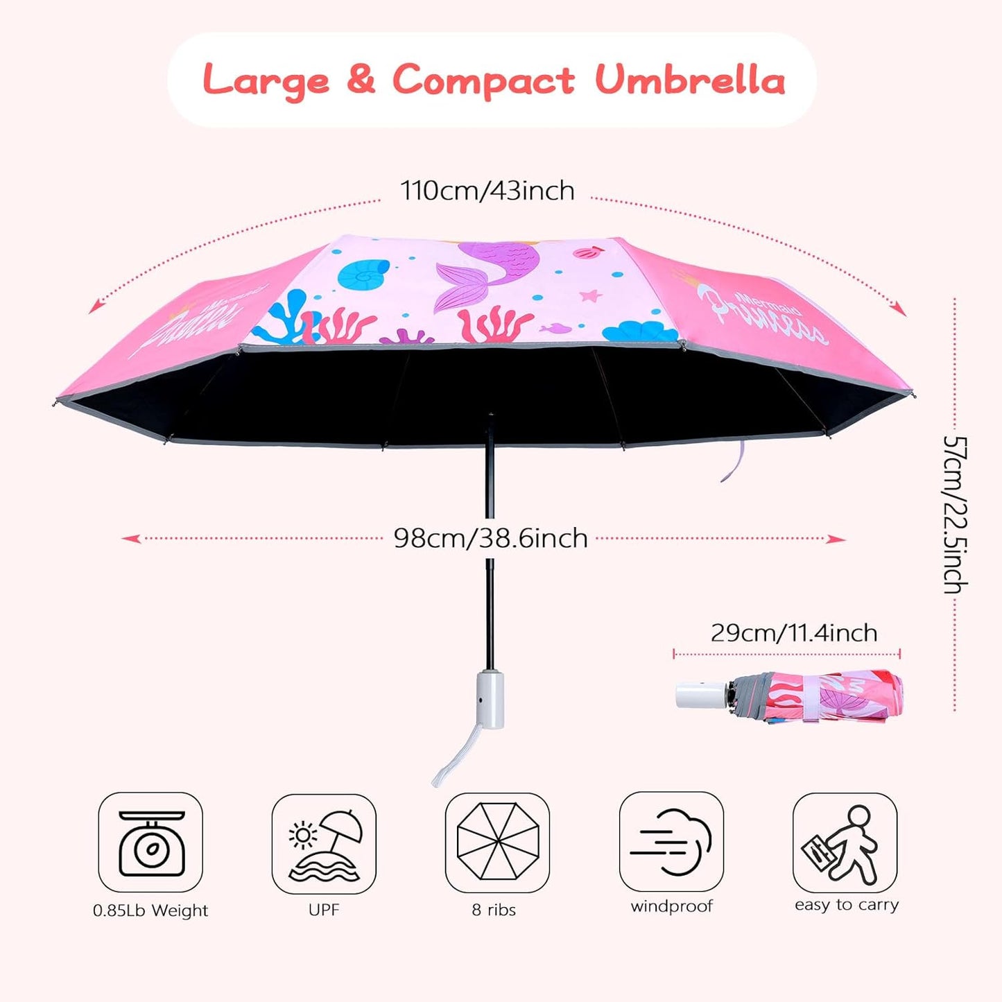 Kids Folding Umbrella Auto Open/Close Anti-rebound Safe Design UV Resistant Automatic Children Travel Umbrellas 8 Rib Reinforced Canopy 360° Reflective Strip Lightweight Cute Umbrella for Girls & Boys