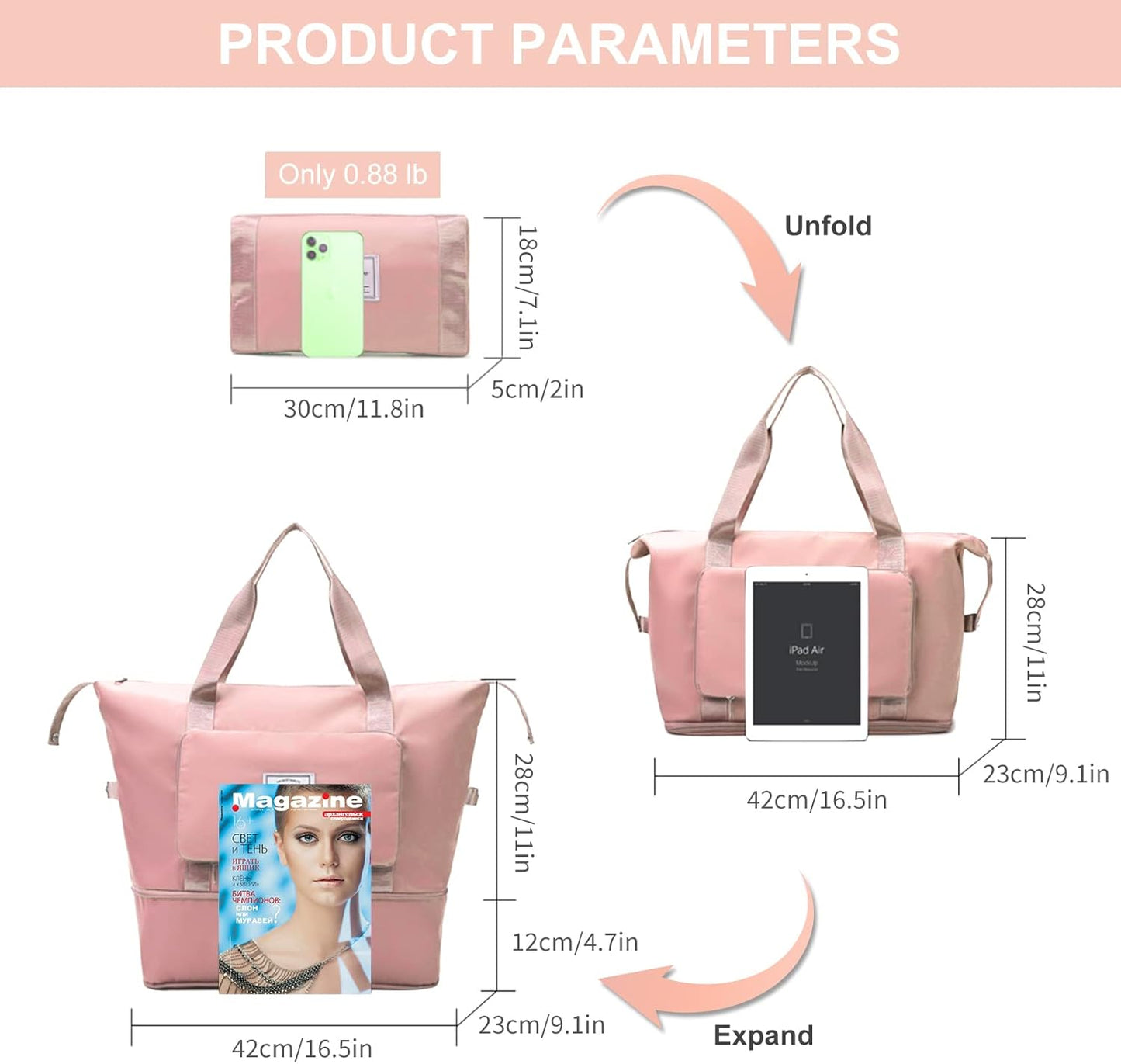 Large Capacity Folding Travel Tote Bag, Oxford Fabric Waterproof Lightweight Foldable Travel Duffel Bag, Portable Expandable Travel Bag, Dry and Wet Separation Carry On Bag for Airplanes