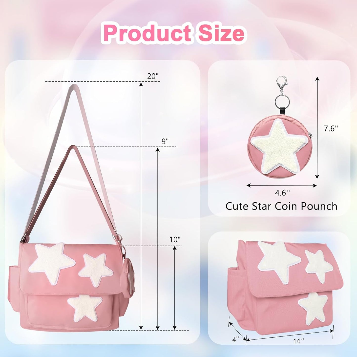 Y2K Messenger Bag for Women, Lightweight Spacious Stars Tote Purse with Cute Coin Purse, Crossbody Shoulder Bag