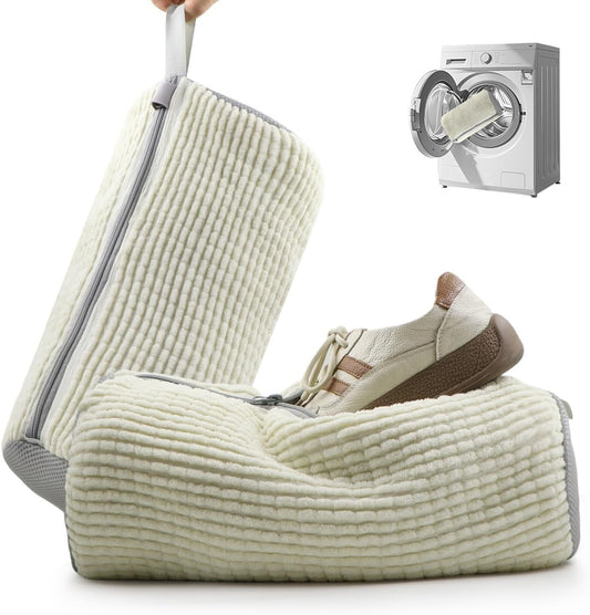 Reusable Shoe Washing Bag for Washing Machine - Simulate Hand Wash, Protect Shoes & Fit All Footwear - Large Capacity Laundry Bag for Sneakers, Flats & Kids Shoes 2 PCS (Beige)