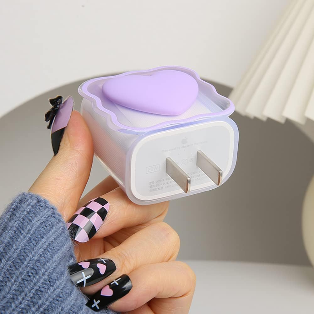 Compatible with iPhone 18W/20W USB-C Charger Cover Lovely 3D Love Heart Waves Clear Soft Charger Protector Cute Cable Saver for iPhone 11 12 13 14 Pro Max Fast Power Adapter, Purple 1 (5in1)