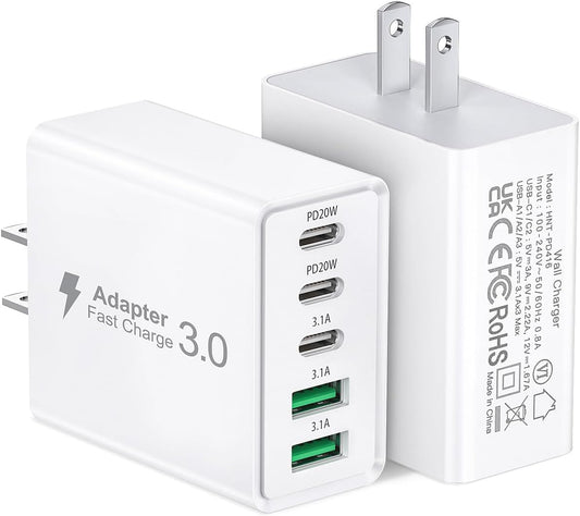 2Pack USB C Fast Charger Block,60W 5-Port USB Wall Charger Brick,2 USB A & 3 USB C PD3.0 Power Adapter Multiport Type C Charging Plug for iPhone 17/16/15/14,Pad Mini/Pro,AirPods 4,GalaxyS25(White)