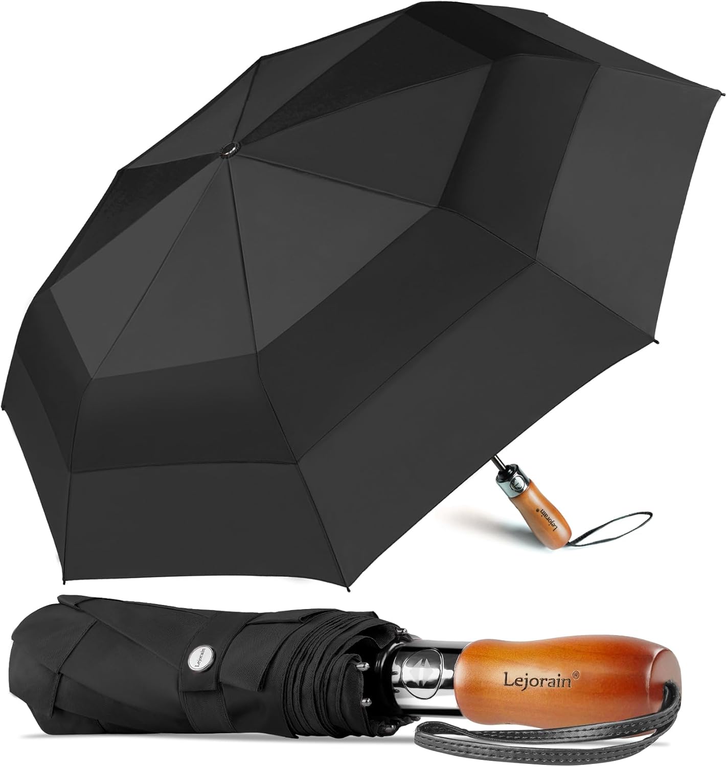 Lejorain Large Compact Golf Umbrella - Oversized Auto Open Close Folding Golf Umbrella Travel 210T Dupont Teflon Coated Vented Windproof Double Canopy for Women Men