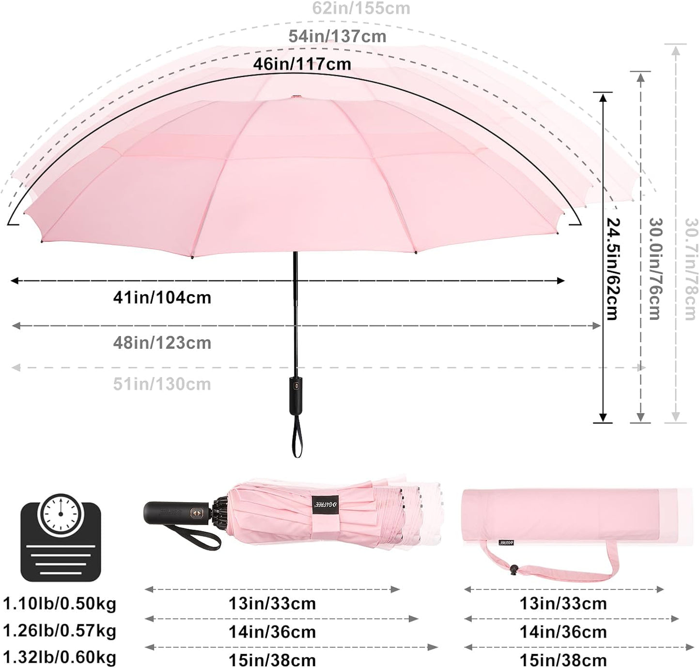 G4Free 42/46/54/62 Inch Large Golf Umbrella Compact Reverse Travel Umbrella 10 Ribs Windproof for Rain Double Canopy Automatic Open Close