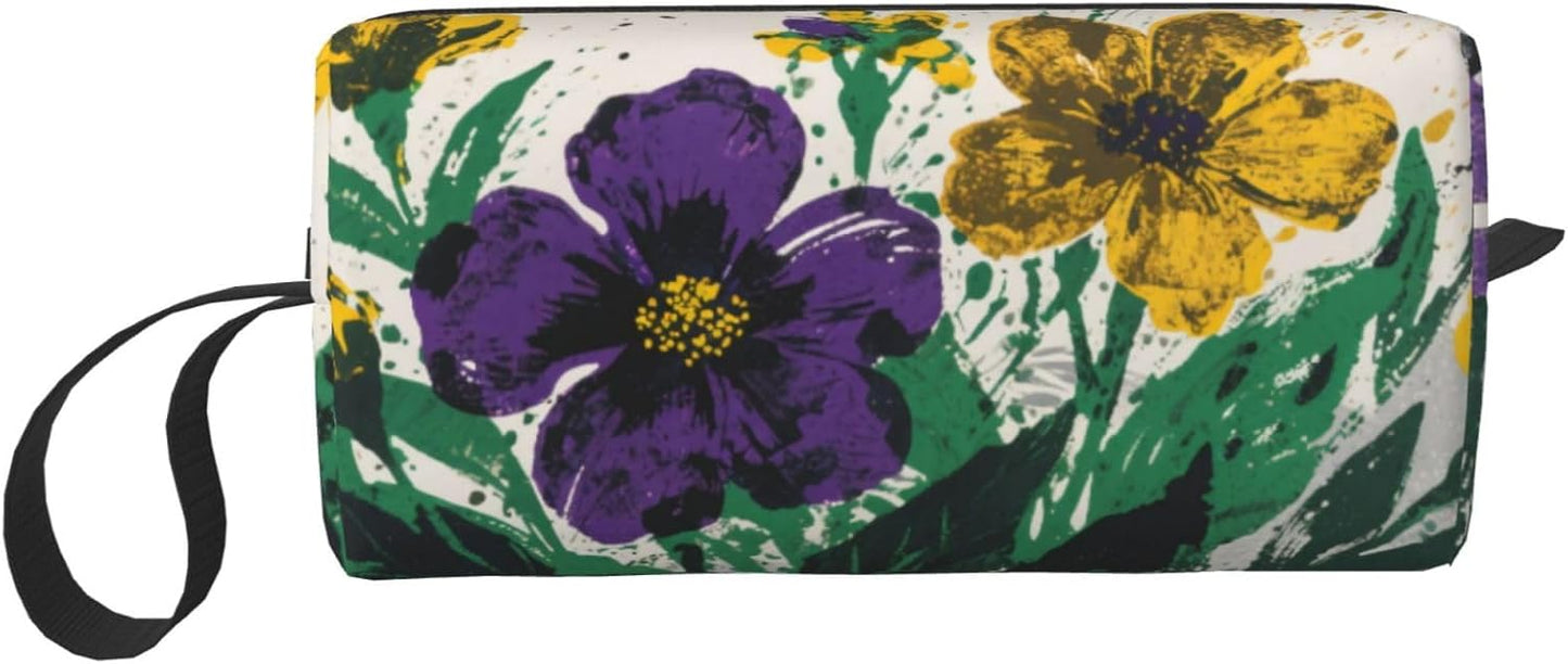 Purple & Yellow Floral Makeup Bag Small Compact & Durable Travel Cosmetic Bag Organizer Oxford Fabric Impact-Resistant Multi-Purpose Storage Perfect for Travel, Gym, Daily Use
