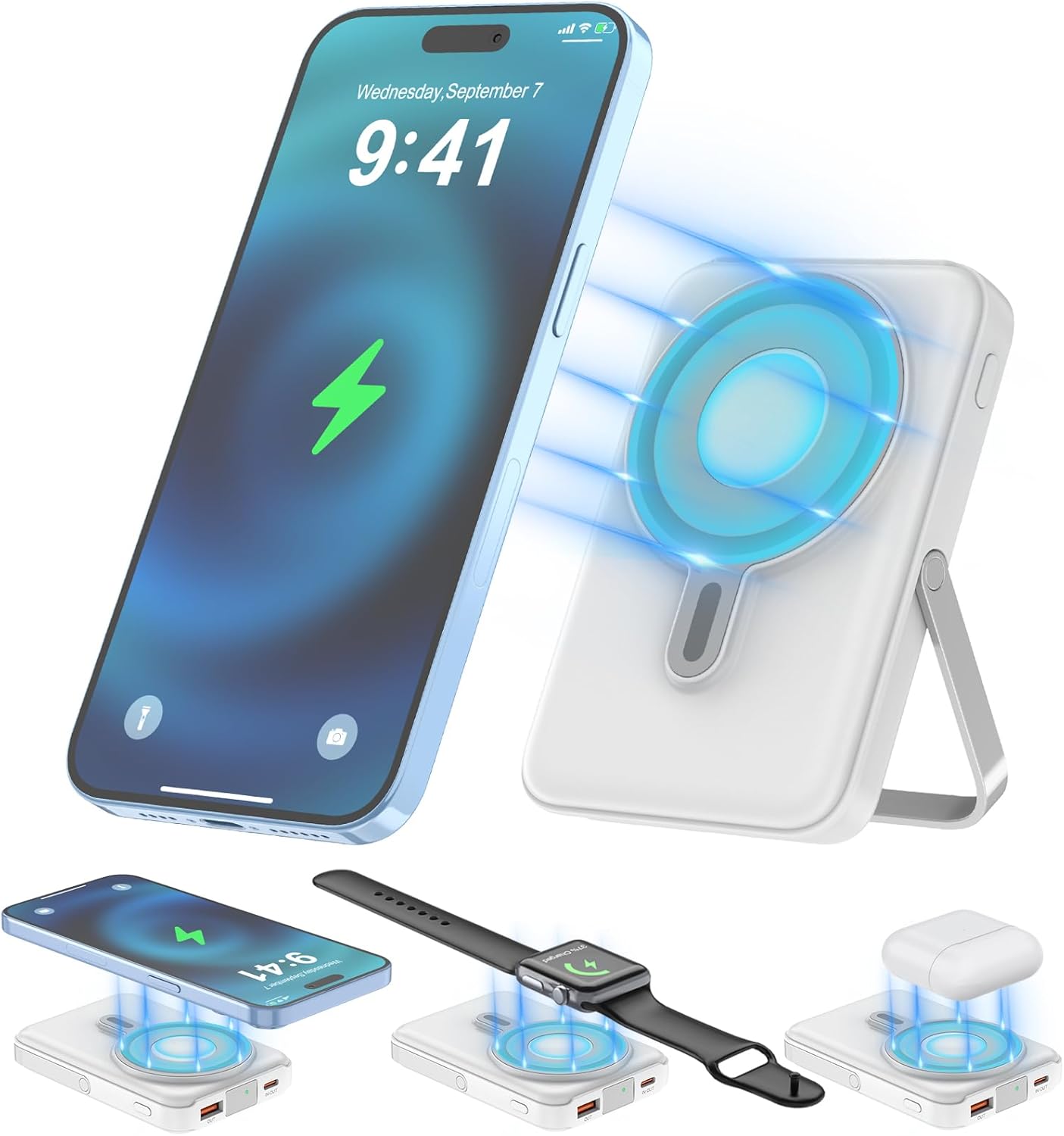 Wireless Portable Charger,3-in-1 Magnetic Power Bank 10000mAh with LED Display,22.5W Fast Charging Mag-Safe Battery Pack,Compatible with iPhone 15/14/13/12, Apple Watch Series, Airpods (White)