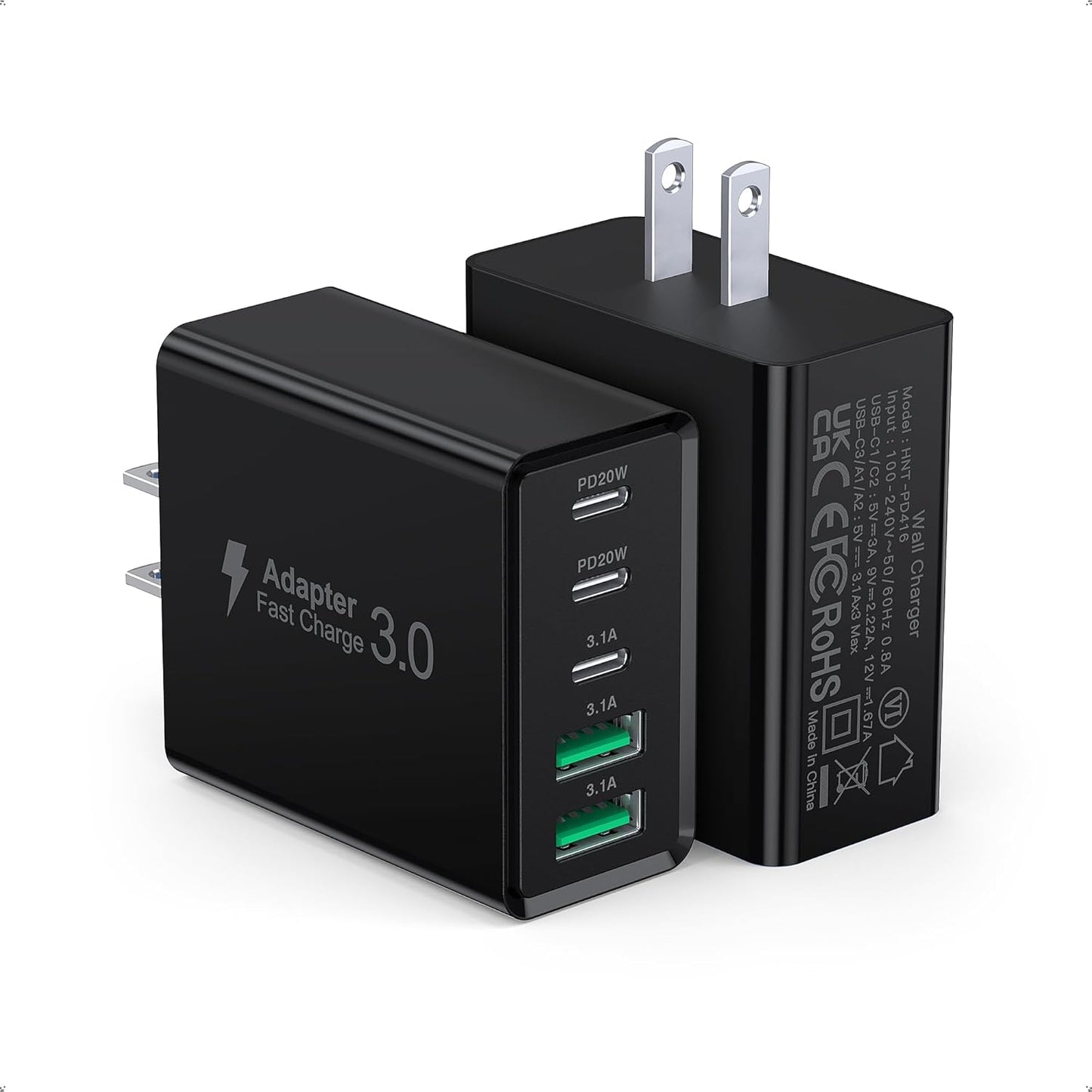[2-Pack] USB C Wall Charger, 60W Type C Charger Block 5-Port Fast Charging Blocks,3USB C+2USB A Multiport Plug,PD Power Adapter Brick Cube for iPhone 17/16/15/14/13/Pro,iPad,Samsung,for Switch（Black）