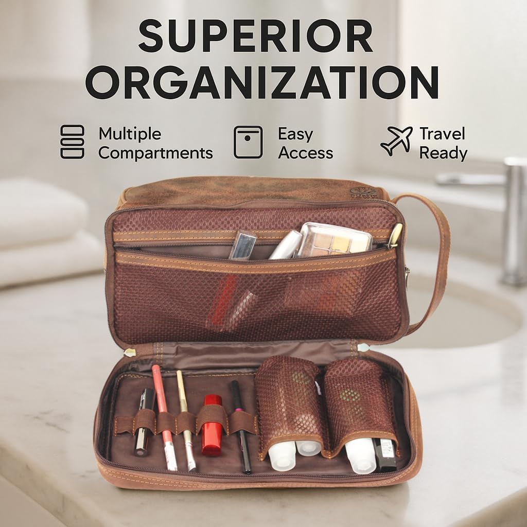 RUSTIC TOWN Leather Toiletry Bag - Waterproof Ditty Kit for Men and Women, Travel Organizer for Full-Size Essentials, TSA Approved