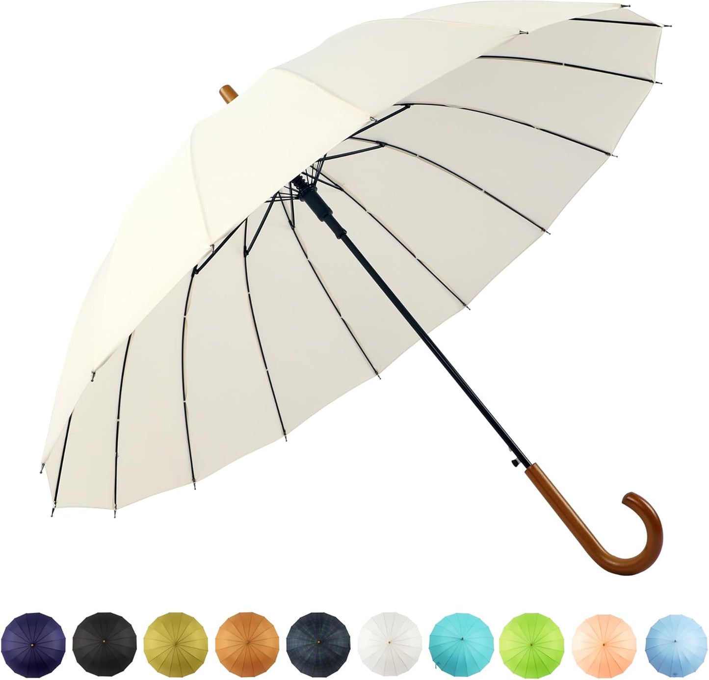 SoulRain 16 Ribs 48" Stick Umbrella Auto Open Solid Color Fashionable and Simple，Arc Classic Wood