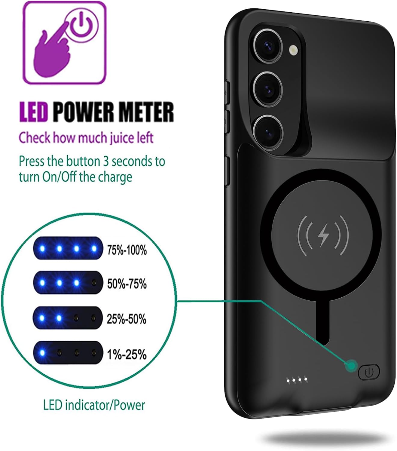 Battery Case for Galaxy S23,[10000mAh] Large Capacity Slim Portable Protective Fast Charging Case Battery Case Compatible with Galaxy S23(6.1inch) Wireless Charging Case with Carplay-Black