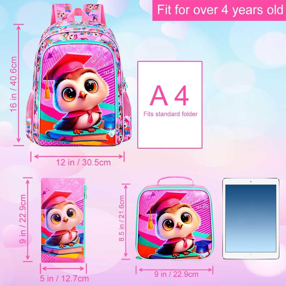 3PCS Owl Bookbag for Girls, 16" Kids Backpack with Lunch Box, Water Resistant Elementary Preschool Toddler School Bag - Pink Dr. Owls