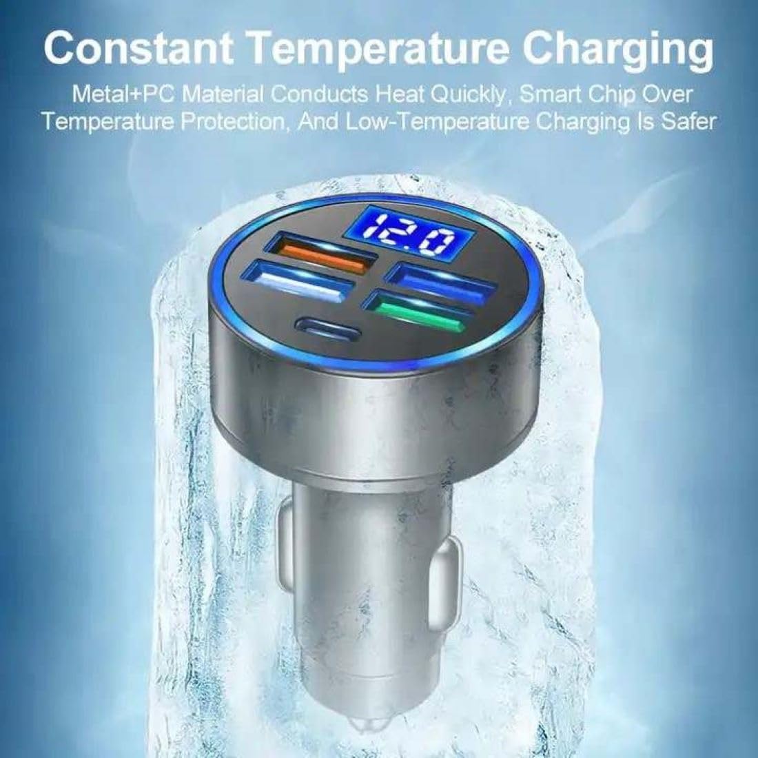 Car Charger 5 Port Cigarette Lighter USB Adapter LED Voltage Monitor (4USB+PD) Cigarette Lighter Adapter USB C Compatible with Android/iPhone and Tablets Devices