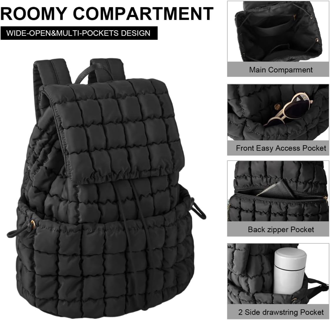 XSUIOY Quilted Backpack Purse for Women Small Lightweight Puffer Puffy College Laptop Backpack