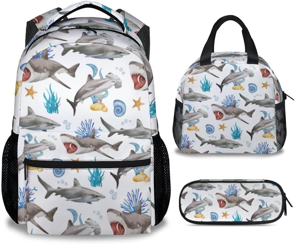 Shark Backpack with Lunch Box, Set of 3 School Backpacks Matching Combo, Cute White Bookbag and Pencil Case Bundle
