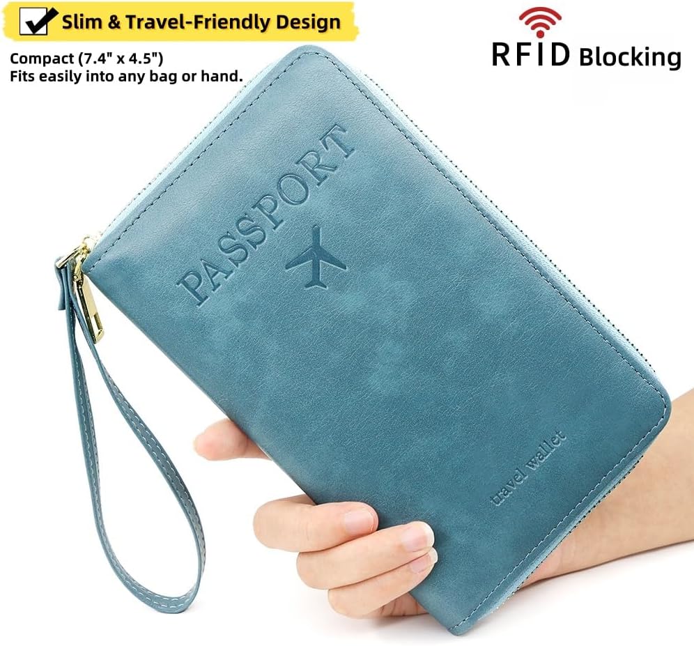 S-11 RFID Blocking Passport Holder Travel Wallet, Slim Zipper Card Case with ID Window, Boarding Pass Slot & Credit Card Organizer for Men and Women. (Gray)