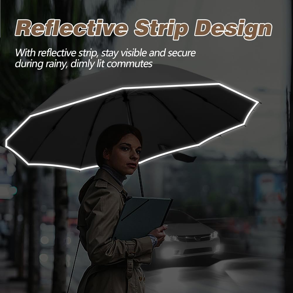 TOPSAIL 10 Ribs Inverted Umbrella with Carabiner Handle, Large Strong Windproof Umbrellas for Rain & Sun, 49" Portable Reverse Folding Compact Travel Umbrella with Safe Reflective Strip, for Women Men