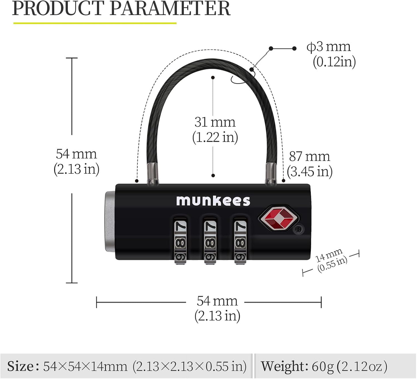 munkees TSA Approved Luggage Lock, 3-Digit Combination, Metal Construction (Black)