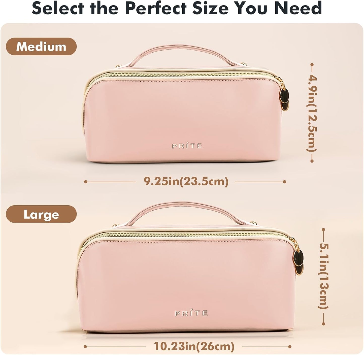 Prite Makeup Bag for Women Travel Waterproof Vegan Leather Cosmetic Bag Open Flat Toiletry Bag With