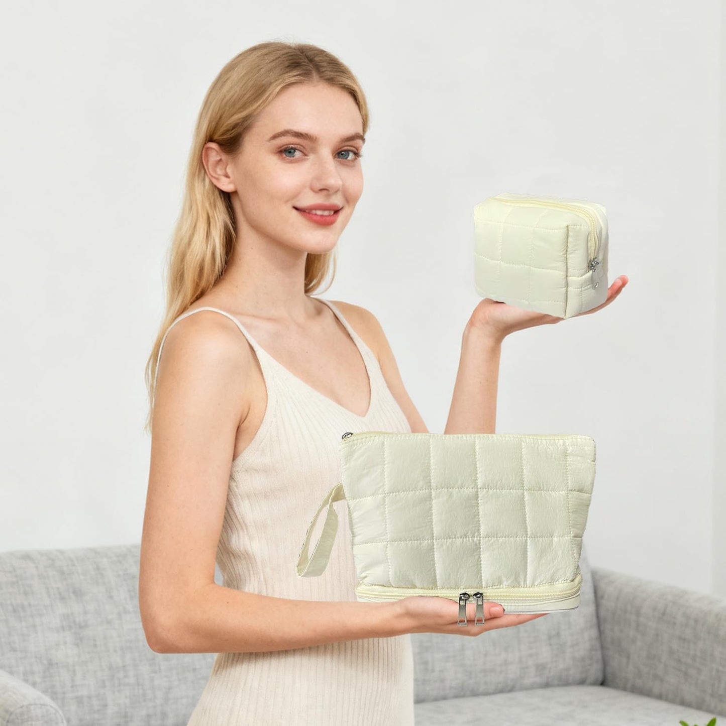 White Puffy Puffer Makeup Bag for Purse Small Makeup Pouch Quilted Cosmetic Bag Cute Cotton Toiletry Pouch Bag for Women