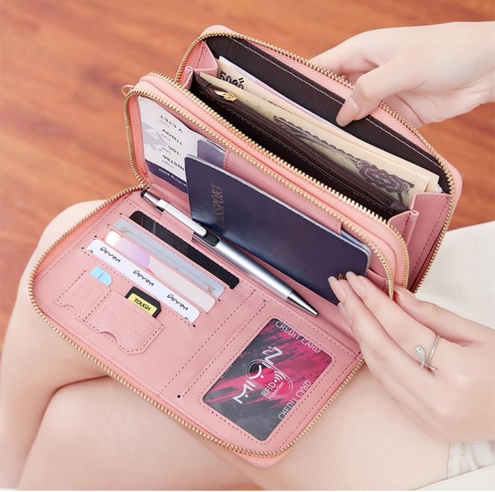US-B Passport Wallet, RFID Blocking Passport Holder Large Capacity, Lightweight PU Document Organizer for Women (Pink)