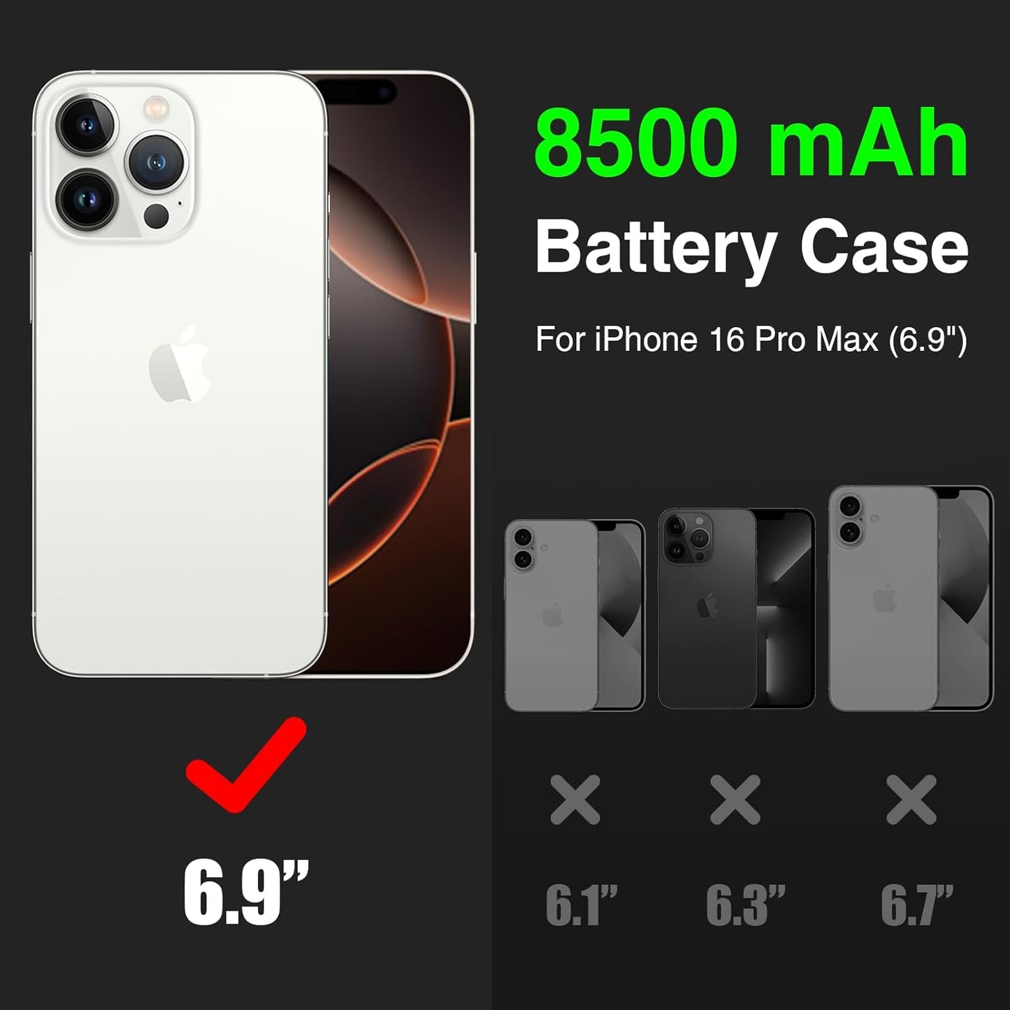 GIN FOXI Battery Case for iPhone 16 Pro Max, Charging Cases Charger 8500mAh Ultra-Slim Lightweight Battery Pack Rechargeable Anti-Fall TPU Juice Box for iPhone 16 Pro Max (6.9 inch) Black