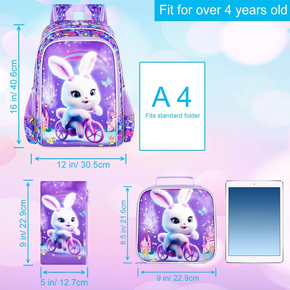 3PCS Girls Rabbit Bookbag, 16" Kids Backpackwith Lunch Box, Water Resistant School Bag for Elementary Prechool Toddler