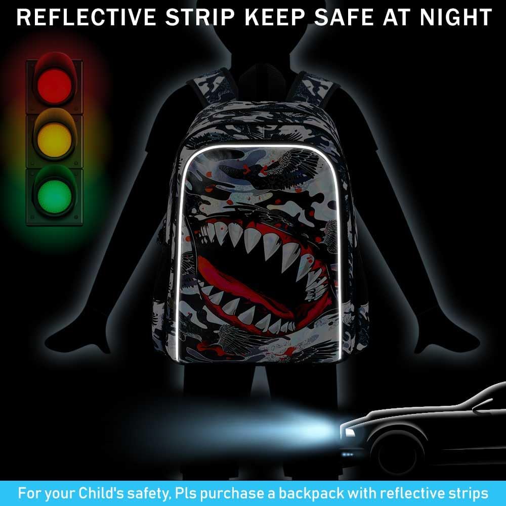 3Pcs Backpack for Boys, 16" Shark Kids Bookbag with Lunch Box, School Backpacks for Elementary Preschool Kindergarten (Black)
