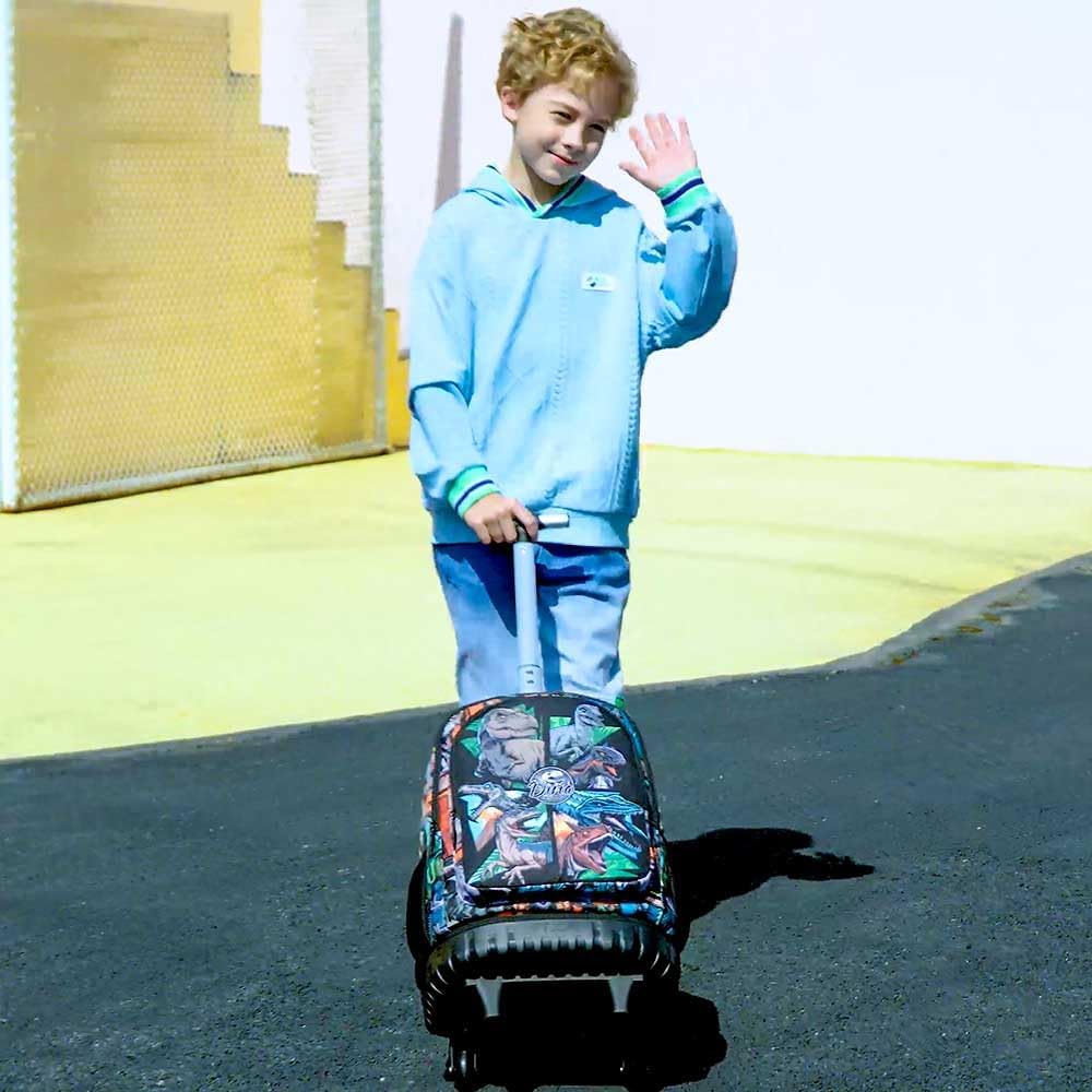 3PCS Rolling Backpack for Boys, 21 Inch Water Resistant Dinosaur Backpacks with Roller Wheels, Wheeled Bookbag for Teens Boys Elementary School Travel