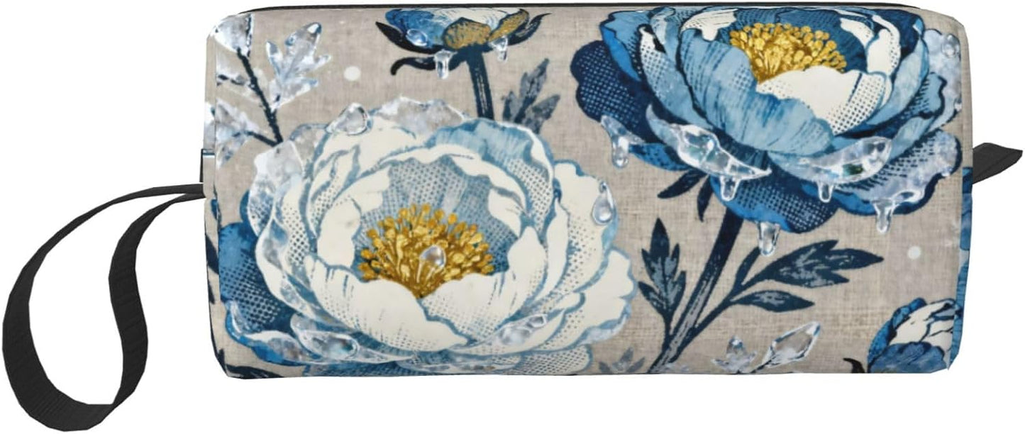 Blue White Floral Makeup Bag Organizer Compact & Durable Frosted Floral Travel Cosmetic Bag Oxford Fabric Impact-Resistant Multi-Purpose Storage Perfect for Travel, Gym, Daily Use
