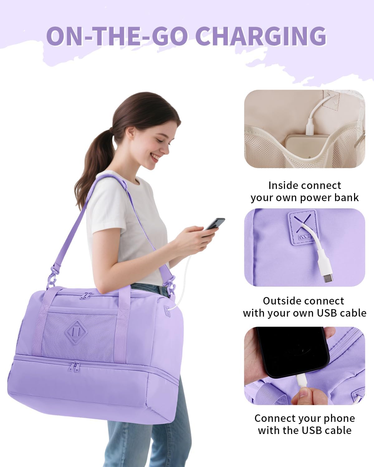 WANDF Travel Duffel Bag with Wet Pocket & Shoe Compartment, 18x14x8 Personal Item Bag with USB Charging Port, Water-Resistant Gym Weekender Overnight Carry-on for Women Men (Purple)