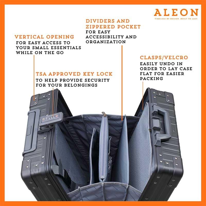 Aleon All-Aluminum 21" Vertical Carry-On Business Briefcase, TSA-Approved Hardshell Case, Spinner Wheels, Laptop Compartment, Aluminum Frame Cabin Bag for Travel & Business, Durable & Sleek (Onyx)