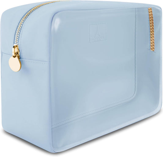 Large Clear Makeup Bag TSA-Approved Travel Cosmetic Pouch Spacious Transparent Toiletry Bag for Women and Girls Waterproof Clear Organizer Case Light Blue