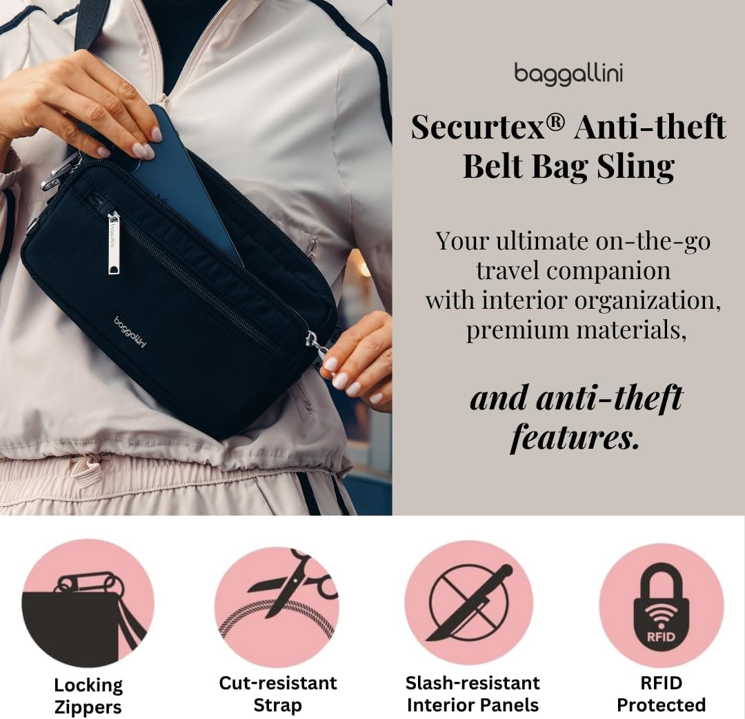 Baggallini Securtex Anti-Theft Belt Fanny Pack for Women RFID Wallet Locking Zipper-Travel Bag Crossbody Purse