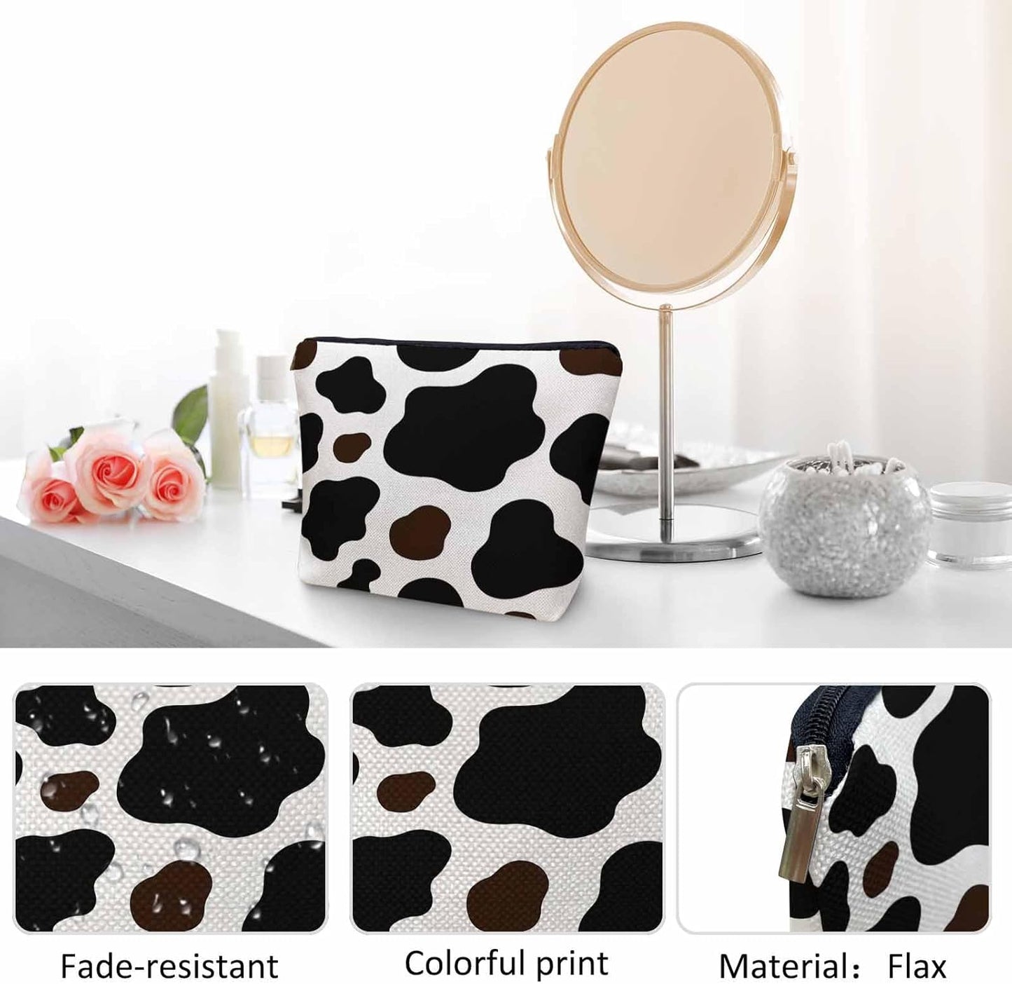 Women Cosmetic Bag Cow, Farm Cow Print Cattle Skin Milk Fur White Black Cute Makeup Bag For Purse Cosmetic Travel Bag For Toiletries Makeup Storage Bag Flax Skincare Bag Make Up Pouch Bags