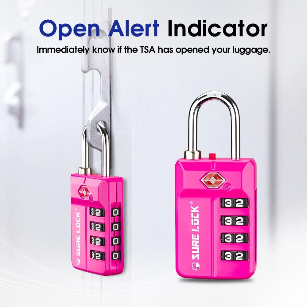 SURE LOCK TSA Approved 4-Digit Resettable Combination Luggage Locks with Open Alert, Easy-Read