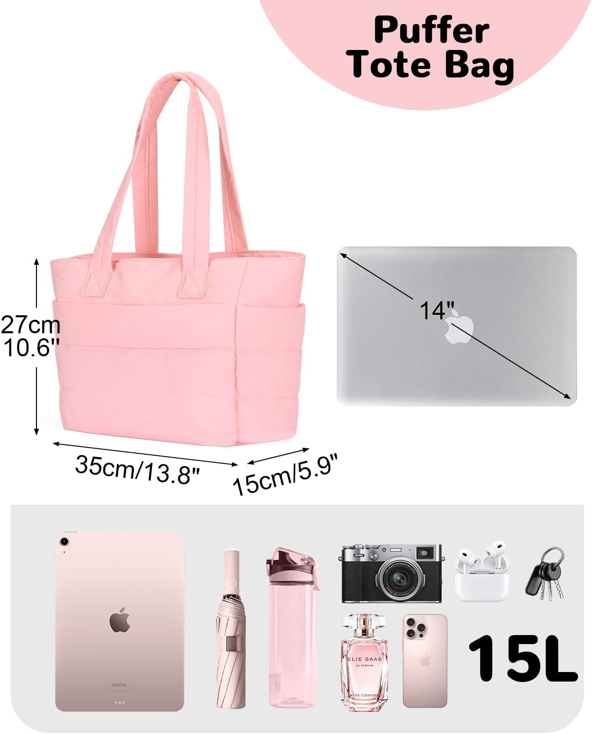 Puffer Tote Bag with Zipper for Women, Lightweight Quilted Handbag with Laptop Compartment for Work Nurse