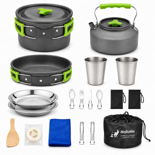 MalloMe Camping Cookware 17 pcs Mess Kit with 1.1L Kettle for Backpacking Gear – Camping Cooking