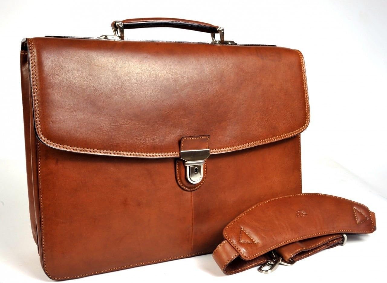 Tony Perotti Mens Italian Cow Leather Bella Russo Double Compartment Leather Laptop Briefcase