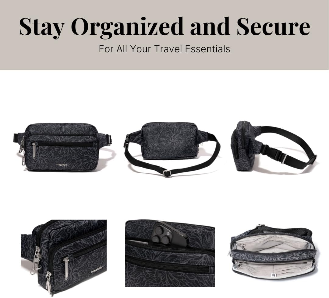 Baggallini Securtex Anti-Theft Belt Fanny Pack for Women RFID Wallet Locking Zipper-Travel Bag Crossbody Purse