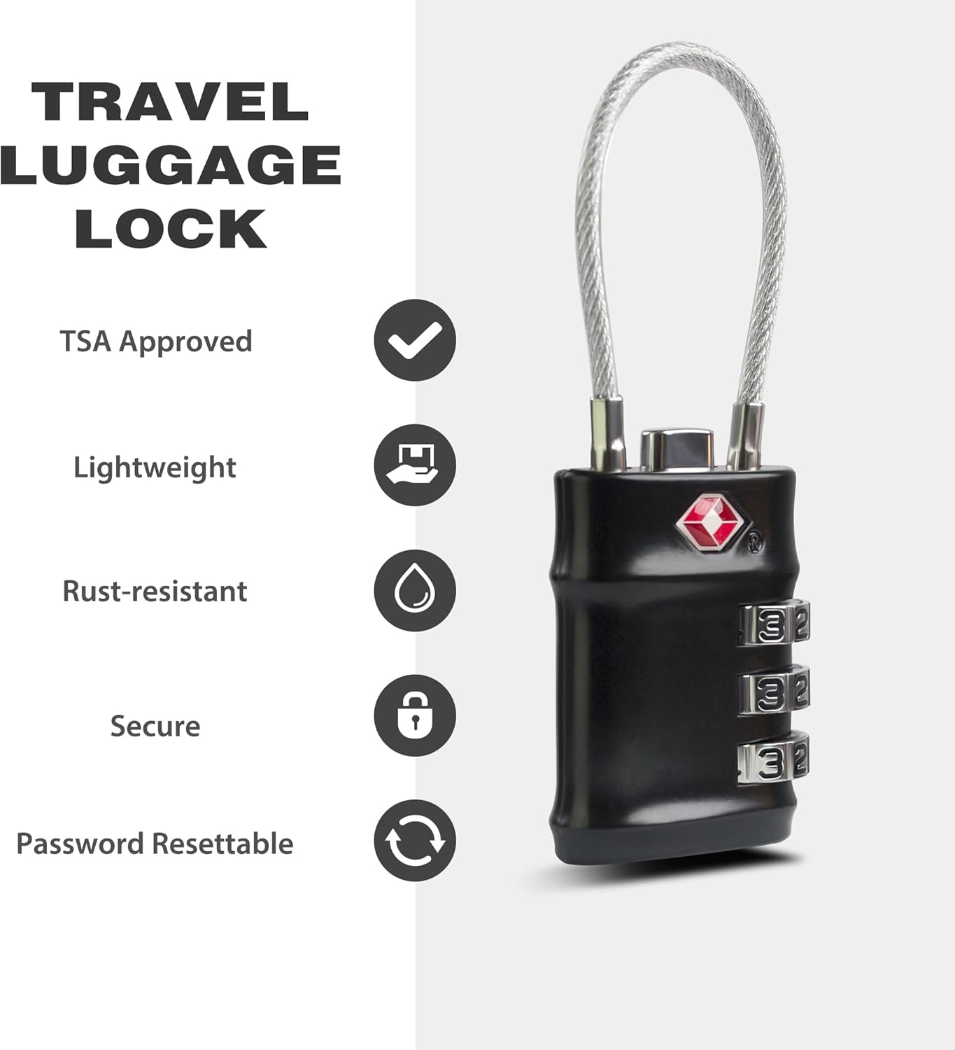 TSA Locks for Luggage, 3 Digit Combination Padlock, Luggage Locks TSA Approved 2 Pack, Combo Cable Padlocks with Code, for Gym Locker, Suitcase, Gun Case, Backpack Zipper (Black+Black)