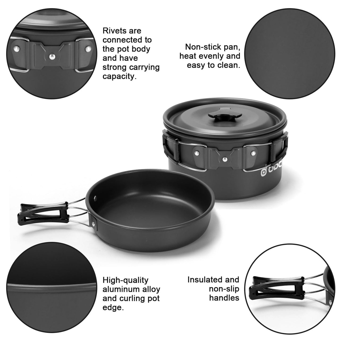 Odoland 15pcs Camping Cookware Mess Kit, Lightweight Pot Pan Kettle Set