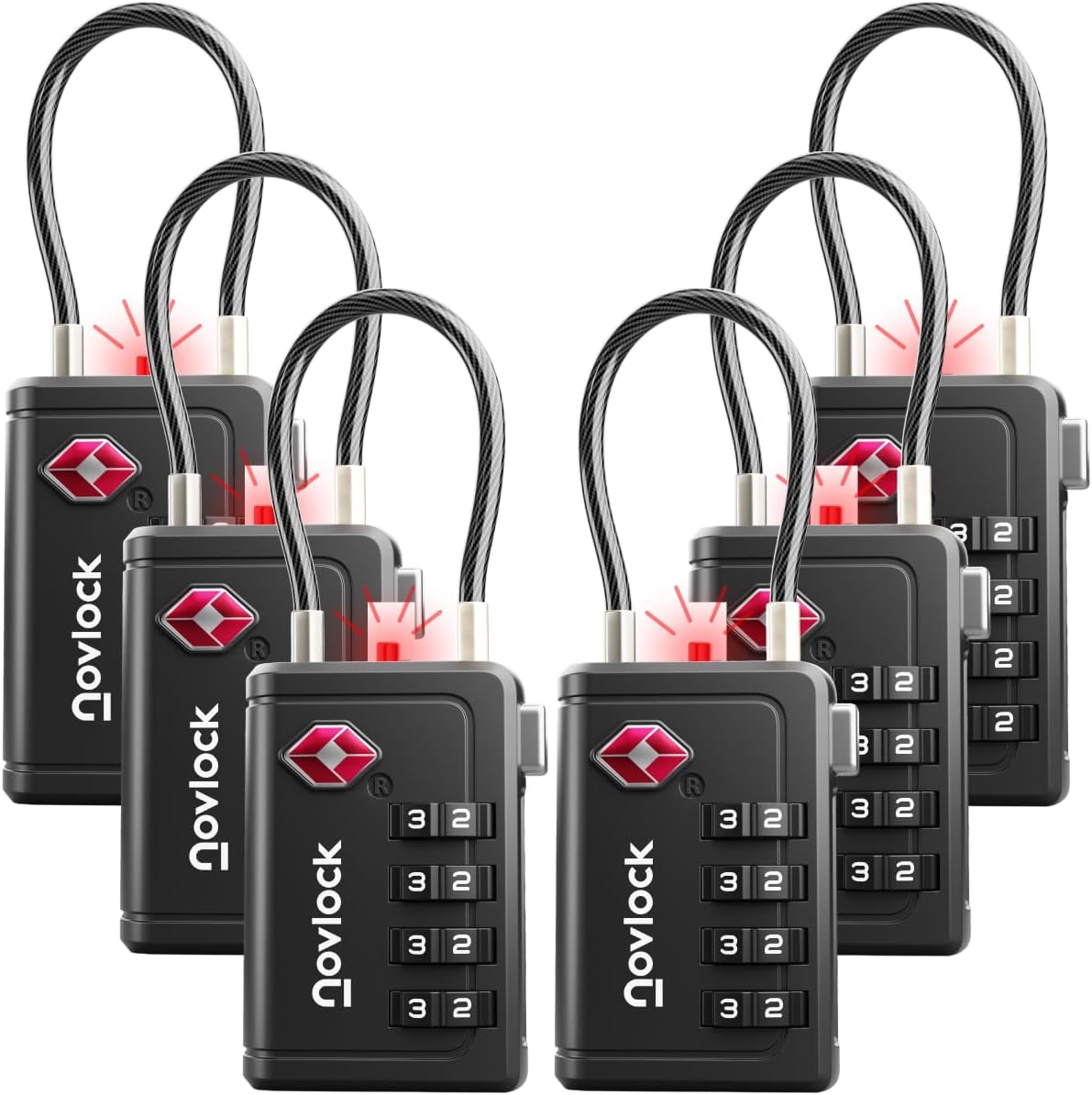 TSA Approved Luggage Locks | Inspection Indicator, 4-Digit Combination, Durable Zinc Alloy | for Suitcases, Backpacks, Travel Bags | Black, 6-Pack