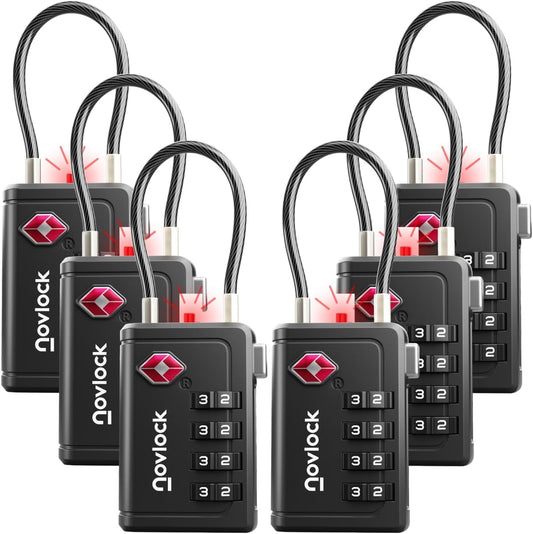 TSA Approved Luggage Locks | Inspection Indicator, 4-Digit Combination, Durable Zinc Alloy | for Suitcases, Backpacks, Travel Bags | Black, 6-Pack