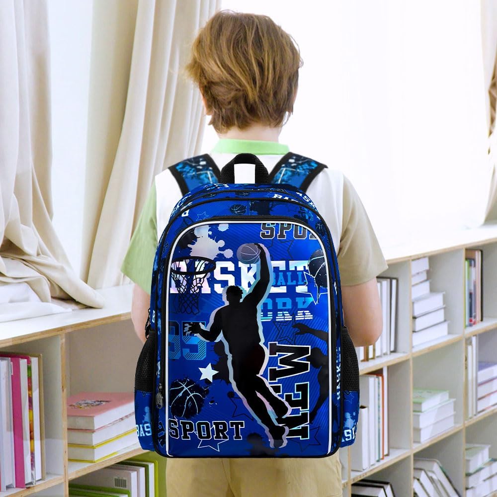 AGSDON 3PCS Boys Backpack, 17" Basketball Kids Bookbag with Lunch Box, Backpacks with Water Resistant and Lightweight for Teenagers