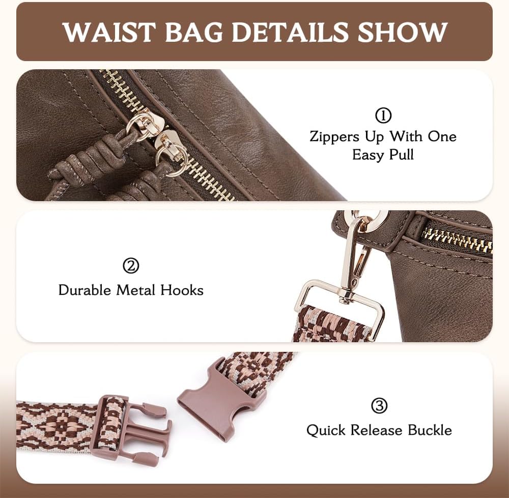 HKCLUF Fanny Pack Crossbody Bags for Women Pu Leather Belt Bag Waist Pack Causal Chest Bum Bag With 2 Straps